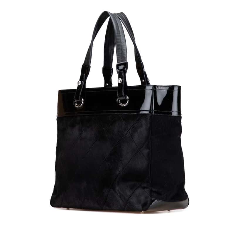 Chanel Medium Quilted Pony Hair and Patent Paris Biarritz Tote Black Good condition - Back View