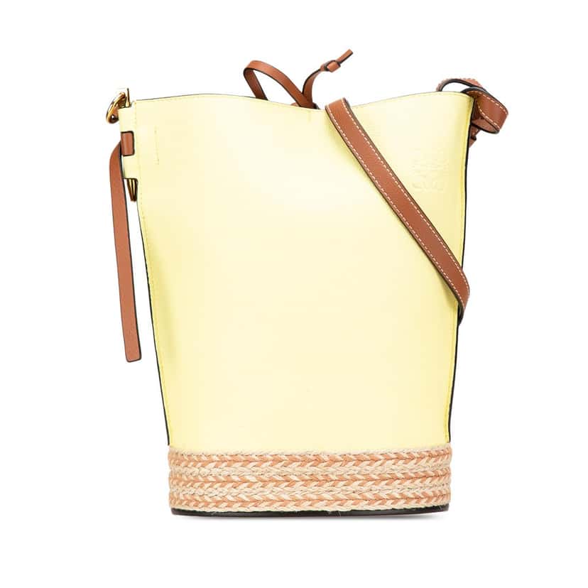 Loewe Bicolor Calfskin and Raffia Gate Bucket Bag Yellow Leather Good condition - Front View