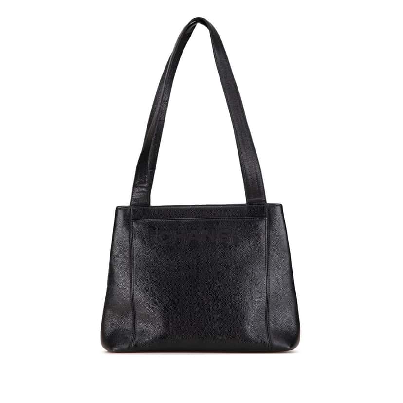 Chanel Embroidered Caviar Logo Shoulder Bag Black Leather Good condition - Front View