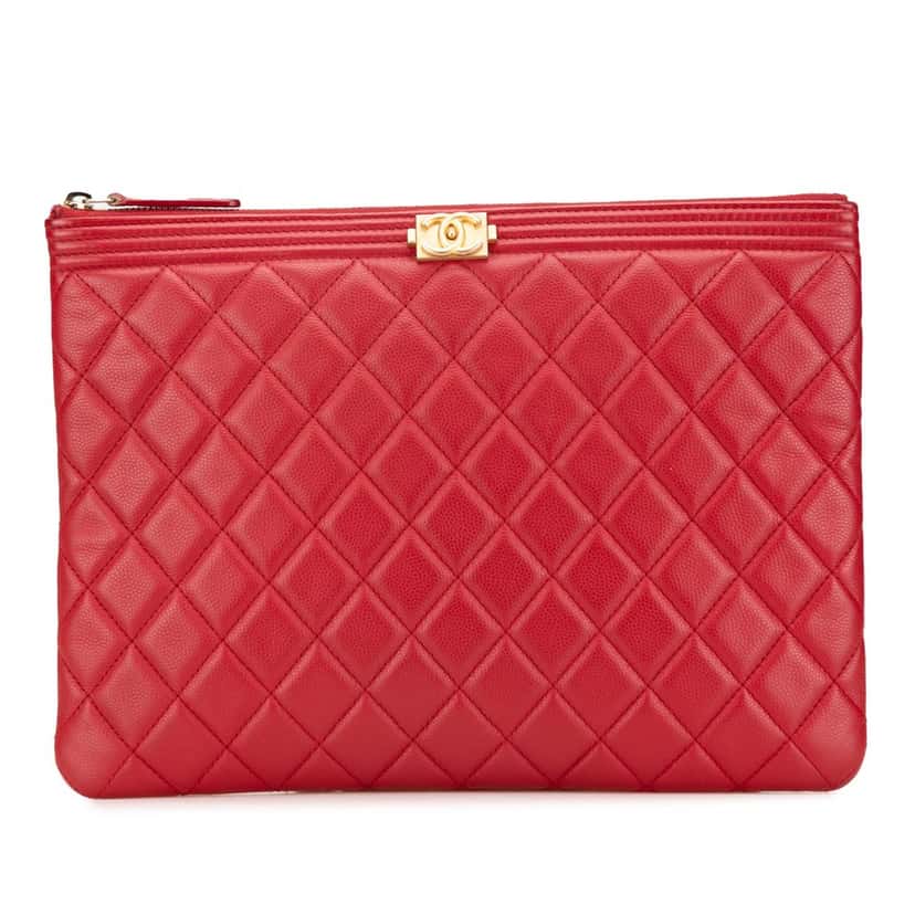 Chanel Medium Quilted Caviar Boy O Case Clutch Red Leather Good condition - Front View