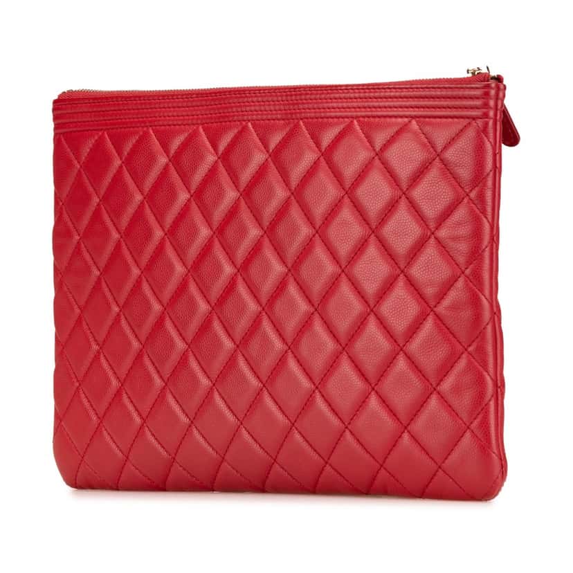 Chanel Medium Quilted Caviar Boy O Case Clutch Red Leather Good condition - Back View
