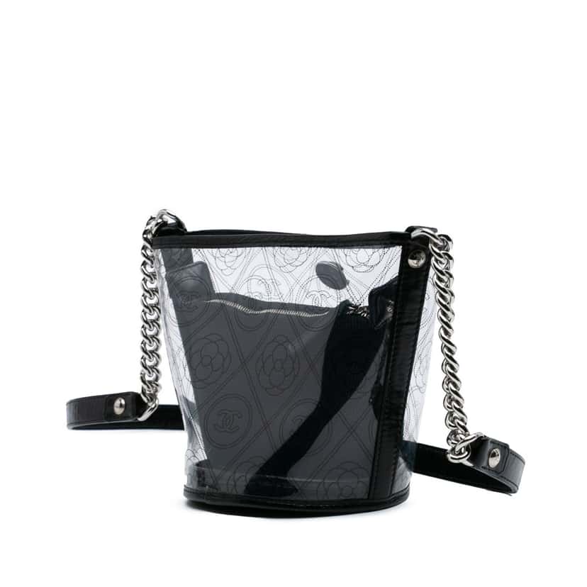 Chanel Small PVC and Crumpled Calfskin Camellia Coco Bucket Bag Black Good condition - Back View
