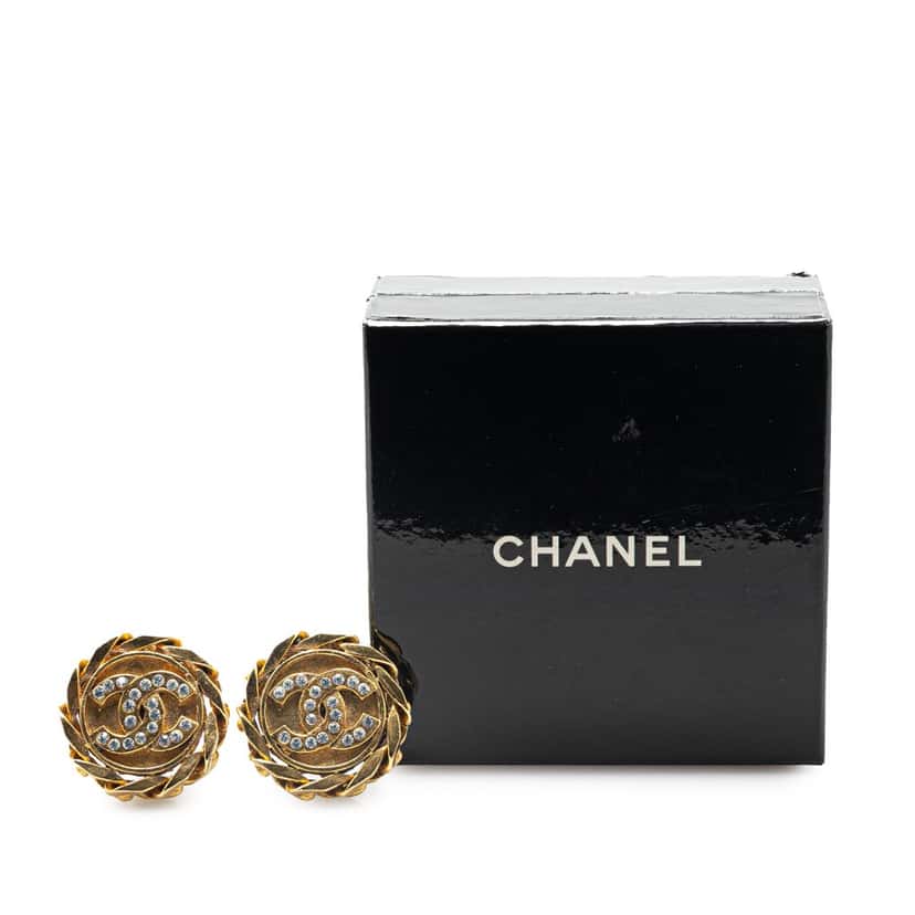 Chanel Gold Plated Rhinestone CC Clip On Earrings Gold Metal Good condition - Model View