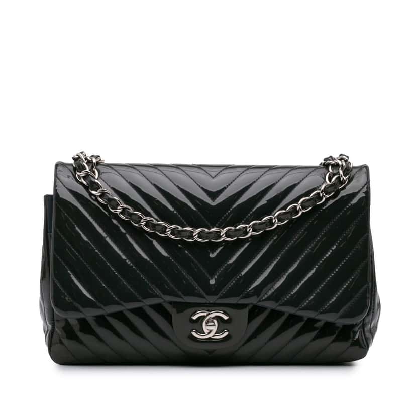 Chanel Jumbo Classic Chevron Patent Double Flap Blue Leather Good condition - Front View