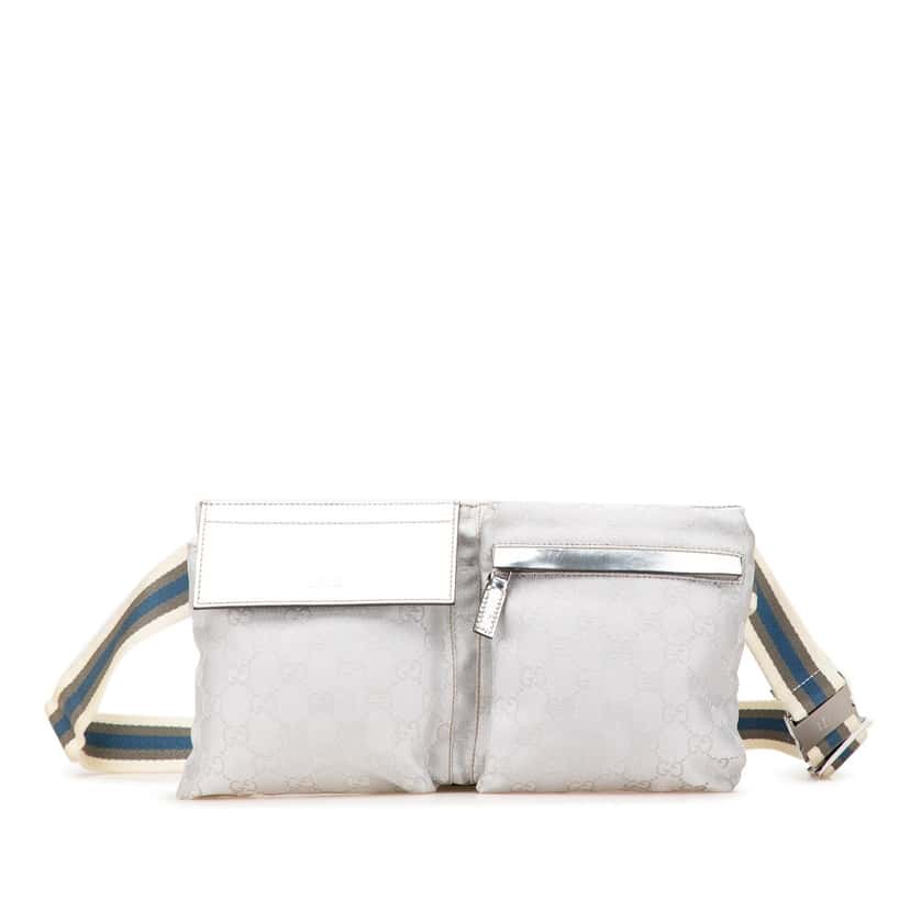 Gucci GG Canvas Web Double Pocket Belt Bag Silver Canvas Good condition - Front View
