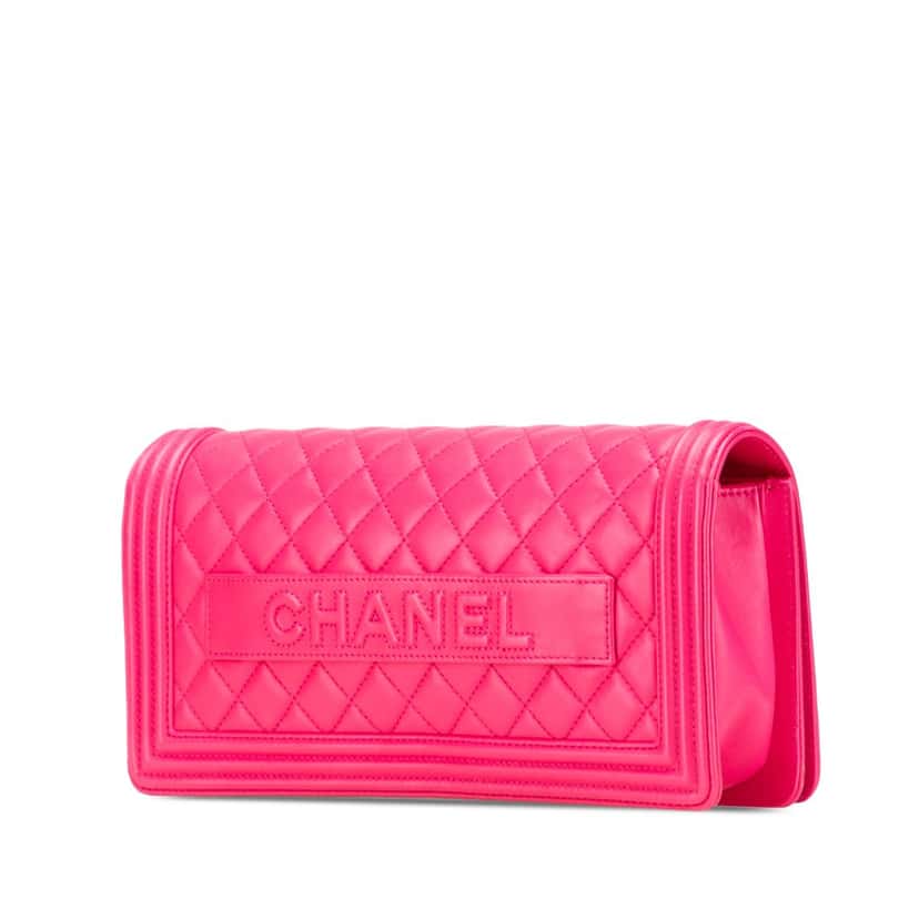Chanel Quilted Lambskin Boy Flap Clutch Pink Leather Good condition - Back View