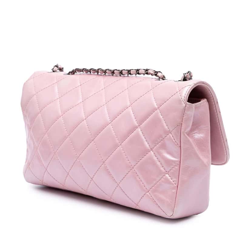 Chanel Medium Quilted Metallic Calfskin Coco Pleats Chain Flap Pink Leather Good condition - Back View