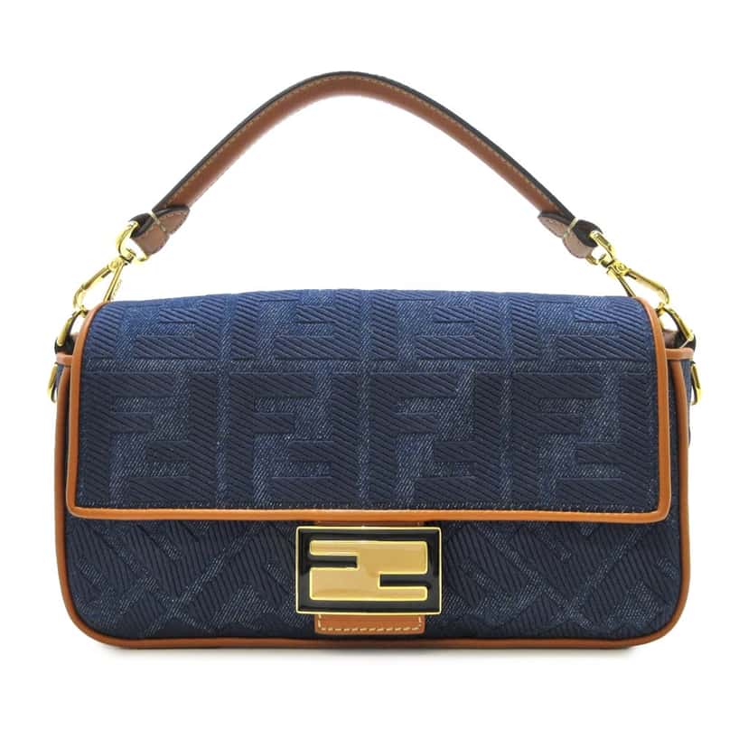 Fendi Zucca Embroidered Denim Baguette Satchel Blue Denim Good condition - Front View