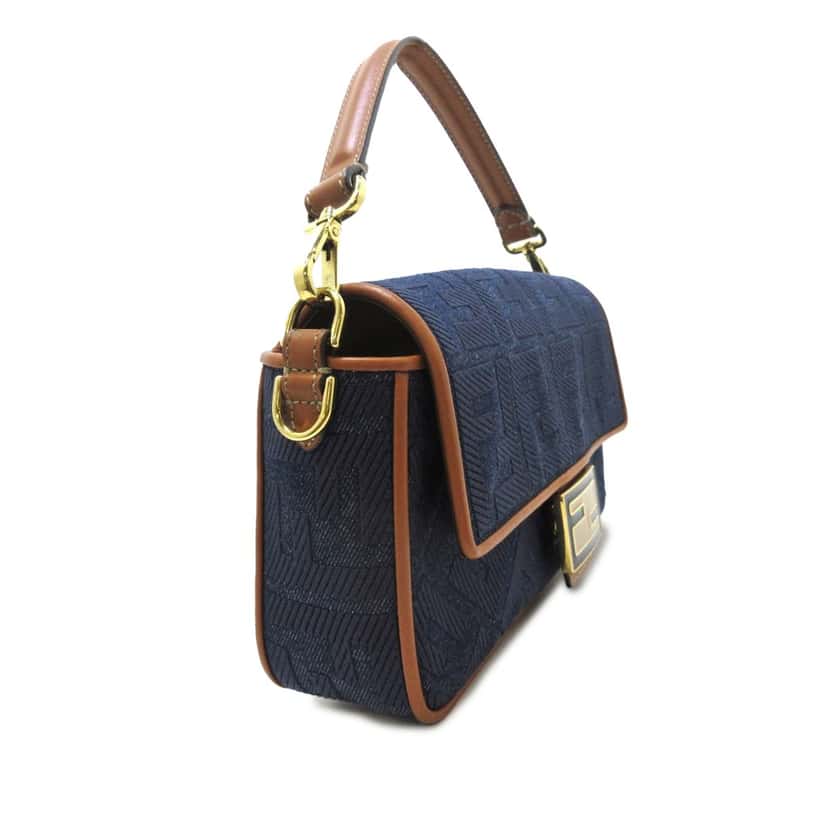 Fendi Zucca Embroidered Denim Baguette Satchel Blue Denim Good condition - Back View
