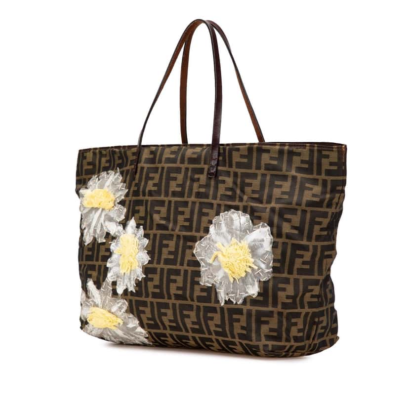 Fendi Zucca Canvas Flower Applique Tote Brown Canvas Good condition - Back View