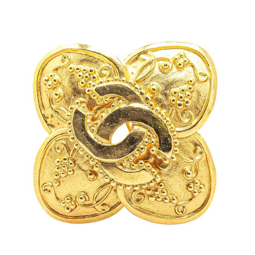 Chanel Gold Plated CC Clover Brooch Gold Metal Good condition - Front View