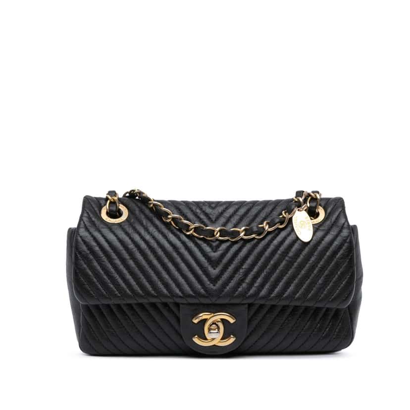 Chanel Small Chevron Wrinkled Calfskin Medallion Charm Surpique Flap Black Leather Fair condition - Front View