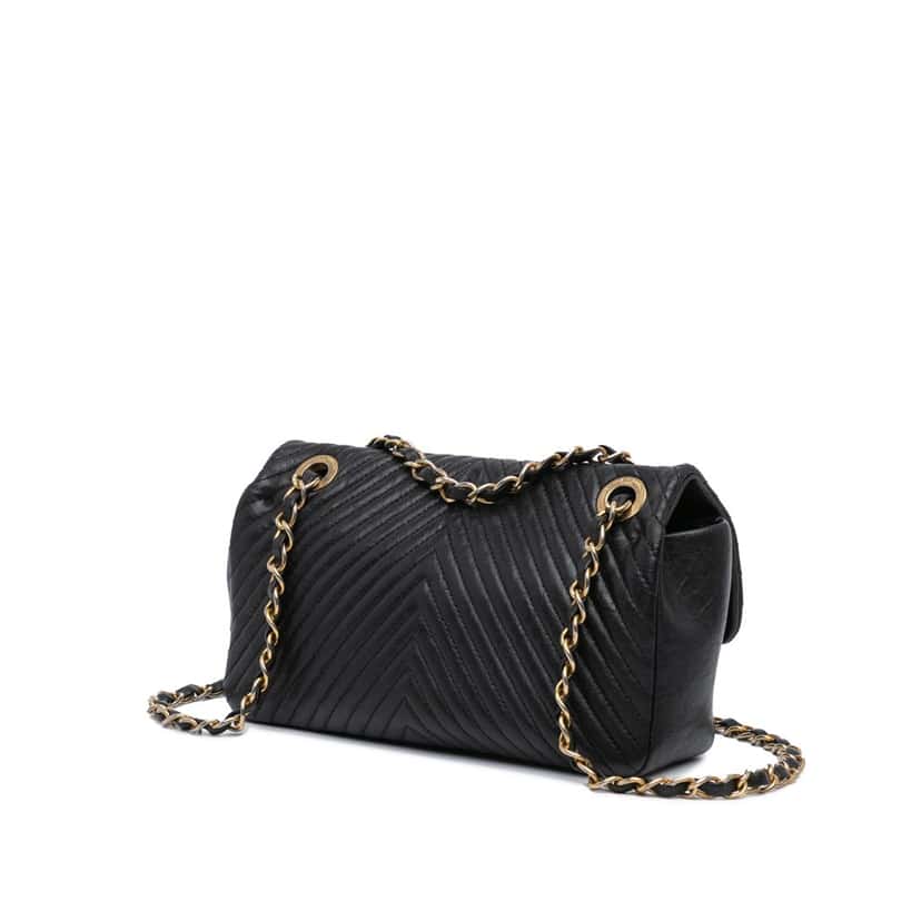 Chanel Small Chevron Wrinkled Calfskin Medallion Charm Surpique Flap Black Leather Fair condition - Back View