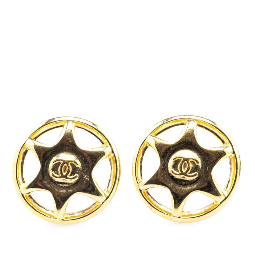 Chanel Gold Plated CC Round Star Clip On Earrings Gold Metal Good condition - Front View