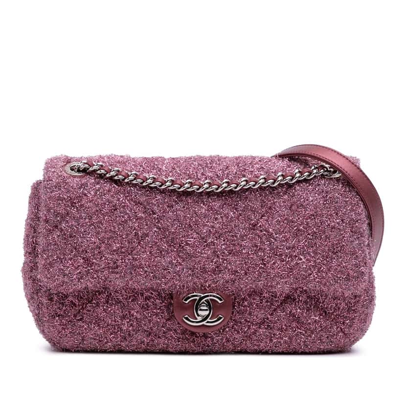 Chanel Medium Quilted Metallic Knit Pluto Glitter Flap Pink Polyester Good condition - Front View