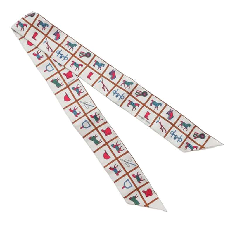 Hermès Couvertures et Tenues de Jour Silk Twilly Scarf White Silk Very good condition - Back View