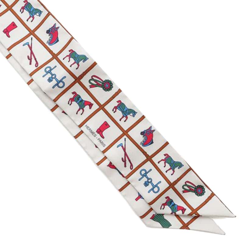 Hermès Couvertures et Tenues de Jour Silk Twilly Scarf White Silk Very good condition - Model View