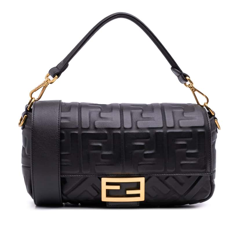 Fendi Zucca Embossed Leather Baguette Satchel Black Leather Good condition - Front View