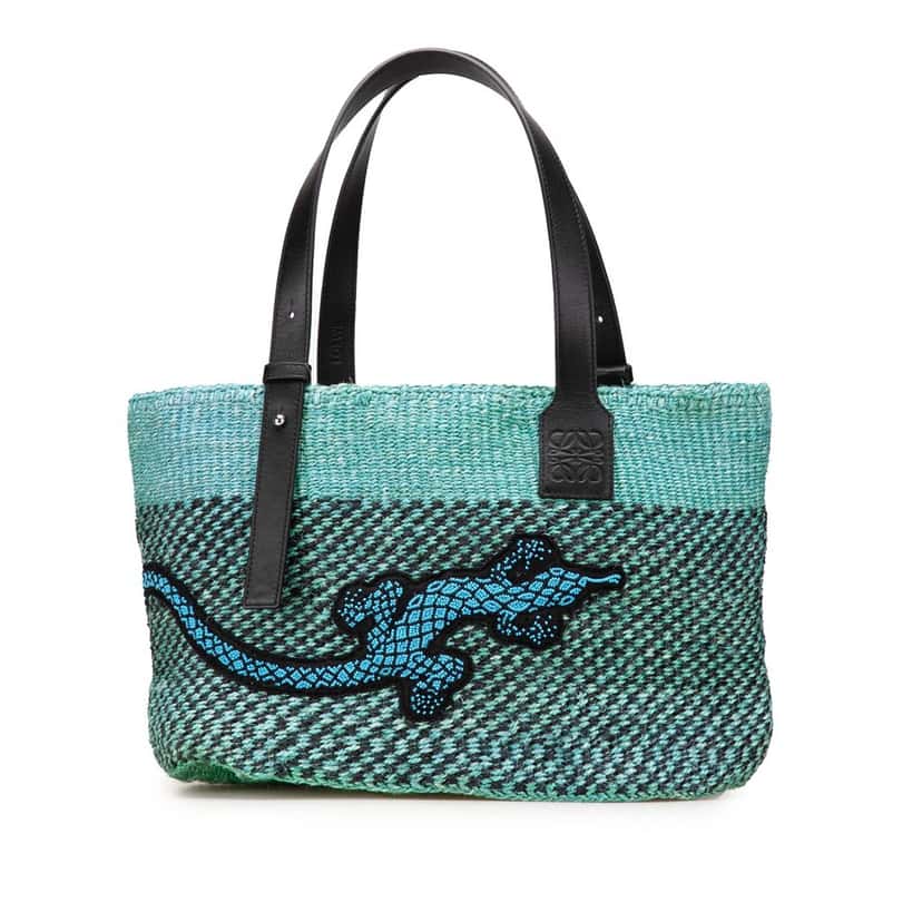 Loewe Paula's Ibiza Lizard Embroidered Raffia Tote Green Good condition - Front View