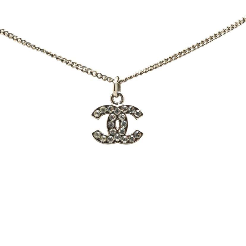 Chanel Palladium Plated Rhinestone CC Pendant Necklace Silver Brass Good condition - Front View