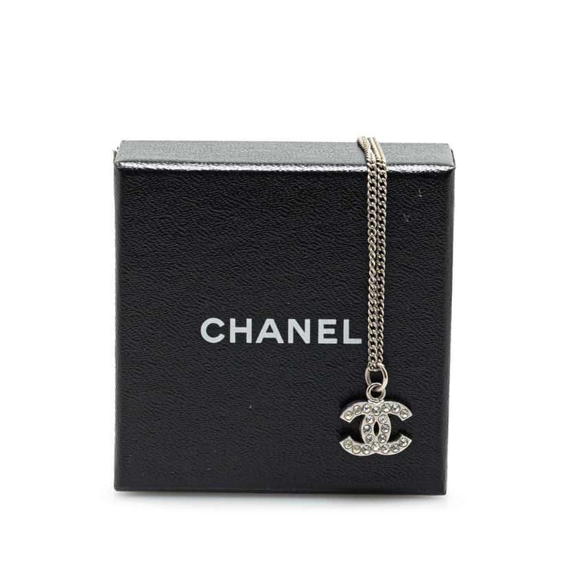 Chanel Palladium Plated Rhinestone CC Pendant Necklace Silver Brass Good condition - Box View
