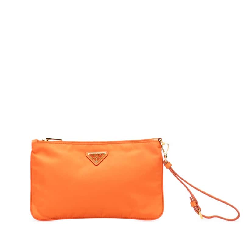 Prada Saffiano Trimmed Tessuto Wristlet Zip Pouch Orange Good condition - Front View