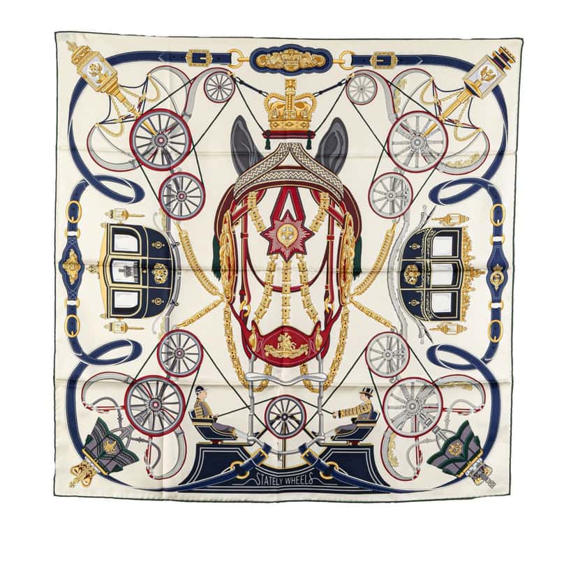 Hermès Stately Wheels Silk Scarf White Silk Good condition - Front View