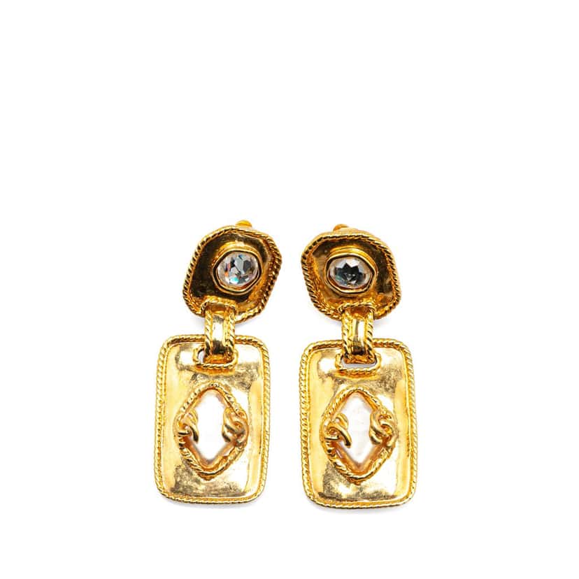 Chanel Gold Plated Rhinestone and Faux Pearl Drop Clip on Earrings Gold Metal Good condition - Front View