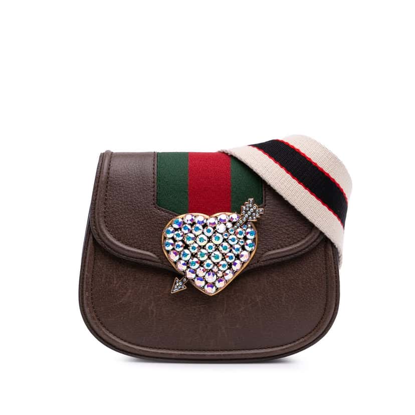 Gucci Small Linea Totem Crystal Heart Crossbody Brown Leather Good condition - Front View
