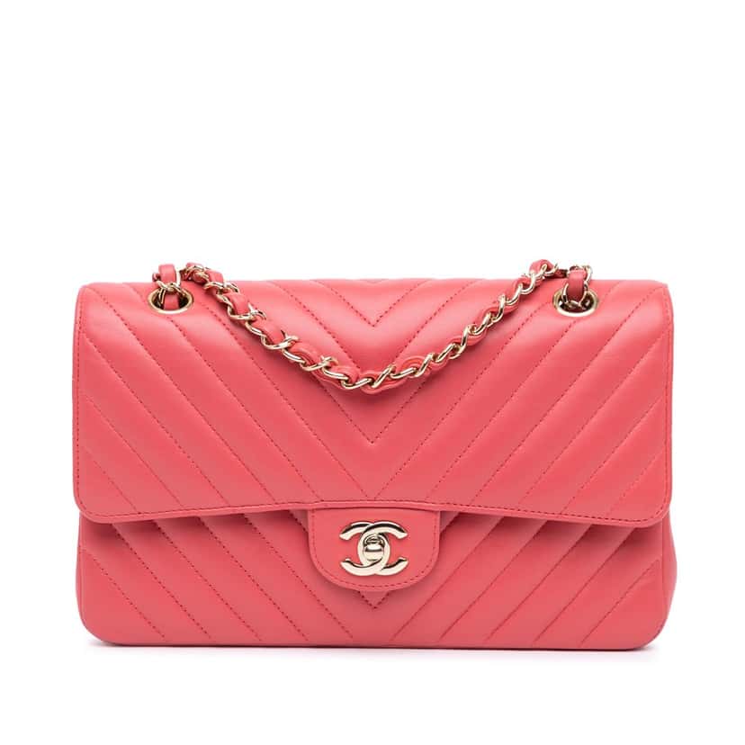 Chanel Medium Classic Chevron Lambskin Double Flap Pink Leather Good condition - Front View