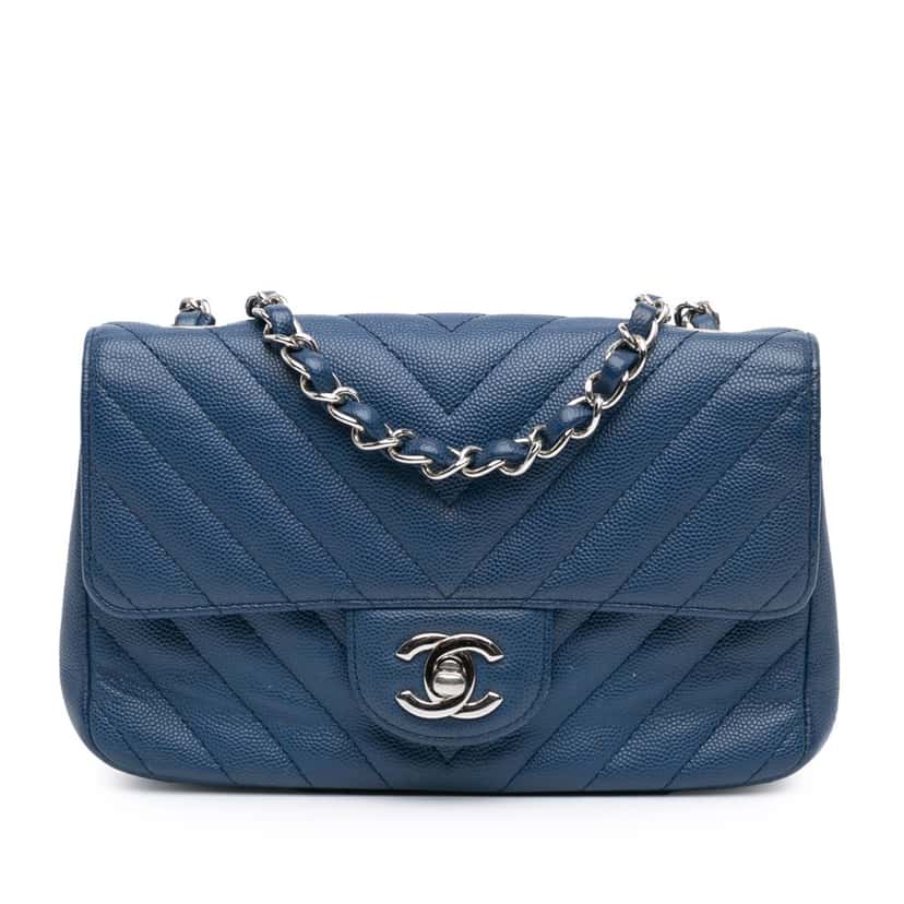 Chanel Mini Rectangular Classic Chevron Caviar Single Flap Blue Leather Good condition - Front View