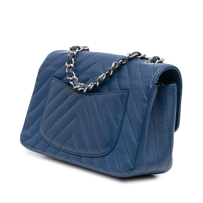 Chanel Mini Rectangular Classic Chevron Caviar Single Flap Blue Leather Good condition - Back View