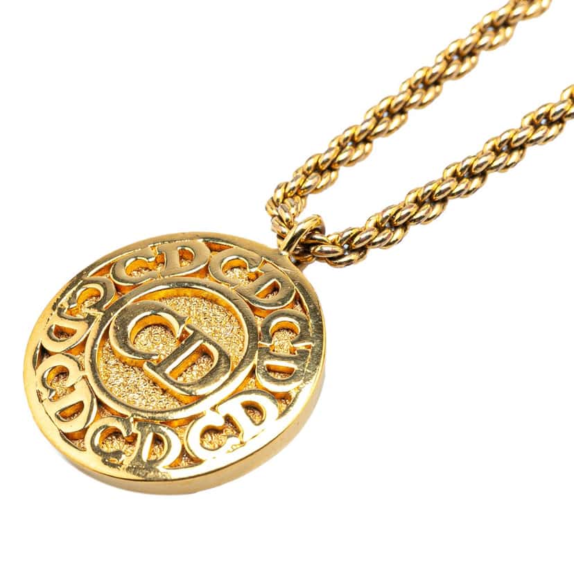 Dior Gold Plated Logo Round Pendant Necklace Gold Metal Good condition - Back View