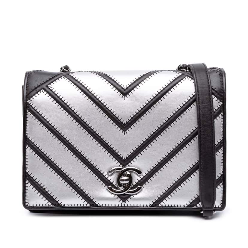Chanel Small Chevron Lambskin Couture Flap Silver Leather Good condition - Front View