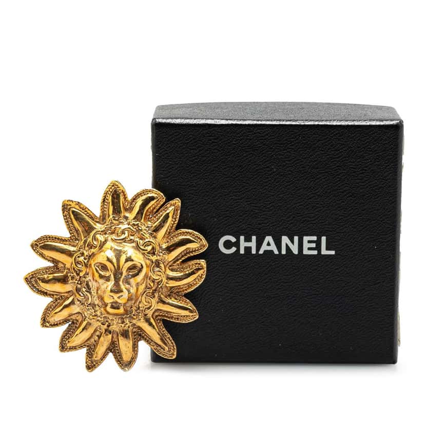 Chanel Gold Plated Lion Pin Brooch Gold Metal Good condition - Box View