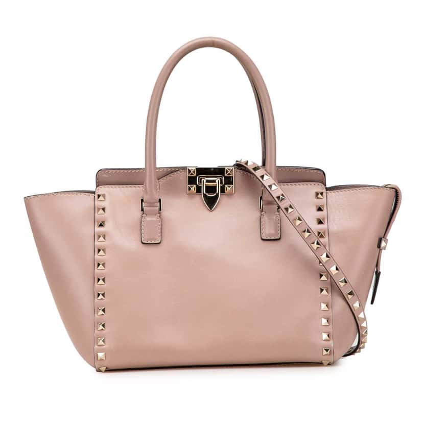 Valentino Small Leather Rockstud Double Handle Tote Brown Leather Good condition - Front View