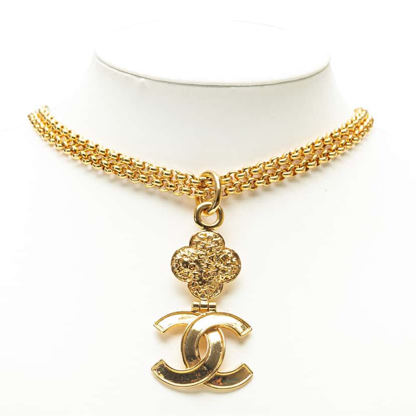 Chanel Gold Plated Double Chain CC Pendant Necklace Gold Metal Good condition - Box View