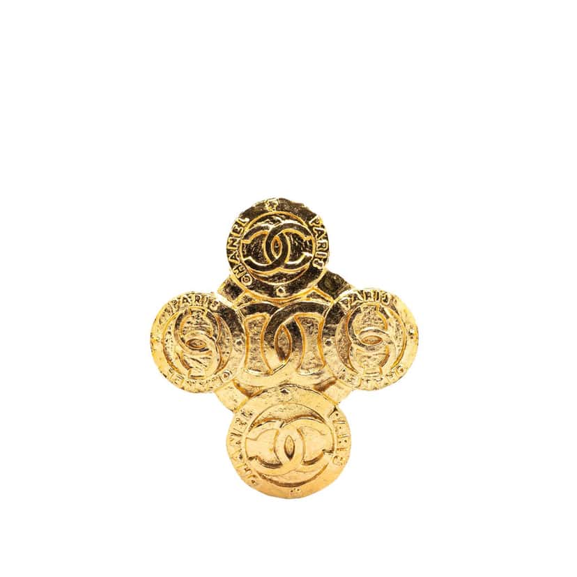Chanel Gold Plated CC Clover Brooch Gold Metal Good condition - Front View