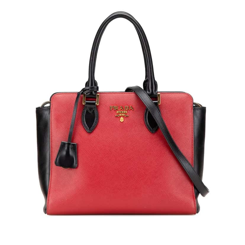 Prada Bicolor Soft Calf Trimmed Saffiano Satchel Red Leather Good condition - Front View