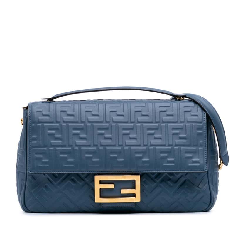 Fendi Large Zucca Embossed Leather Baguette Shoulder Bag Blue Leather Good condition - Front View