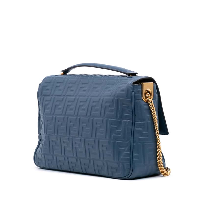 Fendi Large Zucca Embossed Leather Baguette Shoulder Bag Blue Leather Good condition - Back View