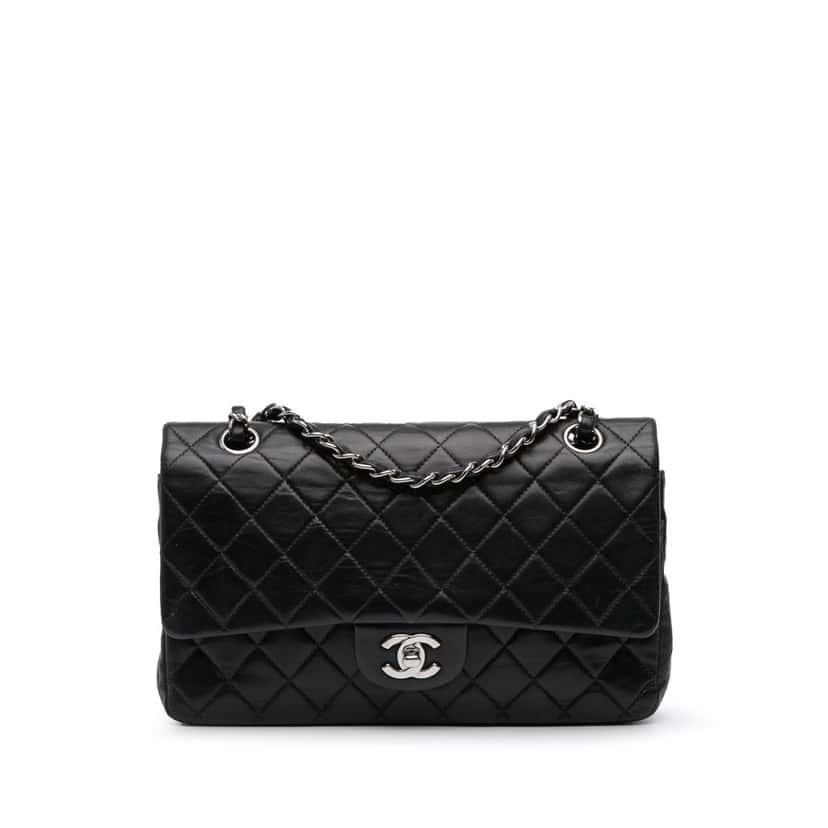 Chanel Medium Classic Lambskin Double Flap Black Leather Fair condition - Front View
