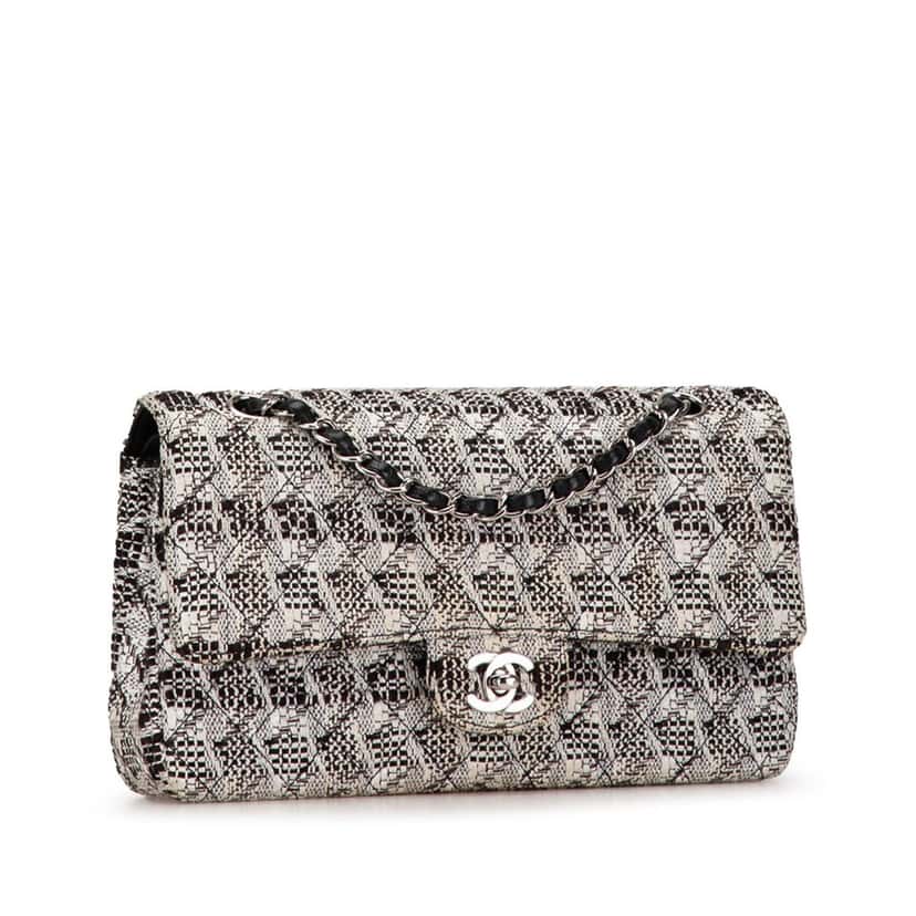 Chanel Medium Classic Tweed Double Flap White Tweed Good condition - Back View