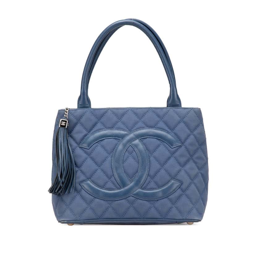 Chanel Quilted Canvas and Caviar Tassel Tote Blue Canvas Good condition - Front View