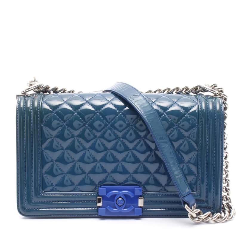 Chanel Old Medium Quilted Patent Acrylic Boy Flap Blue Leather Good condition - Front View