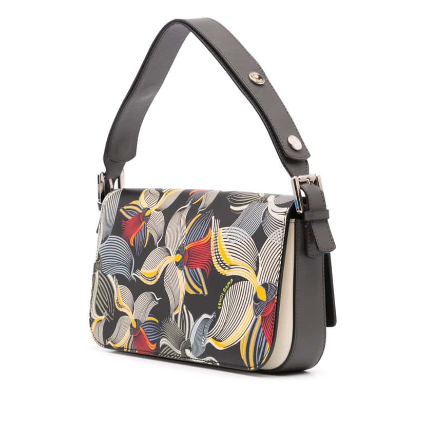 Fendi Leather Orchid Print 3Baguette Shoulder Bag Black Leather Good condition - Back View