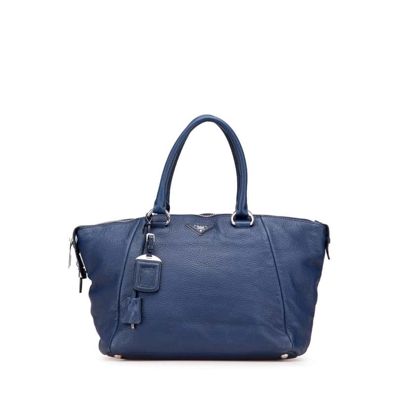 Prada Vitello Daino Double Handle Satchel Blue Leather Good condition - Front View