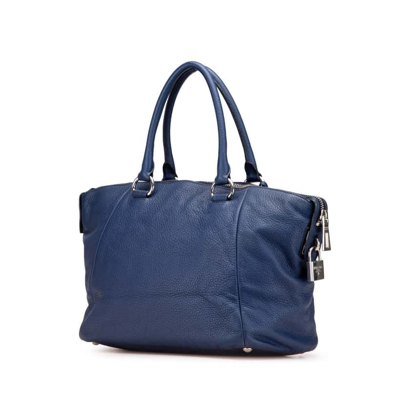 Prada Vitello Daino Double Handle Satchel Blue Leather Good condition - Back View