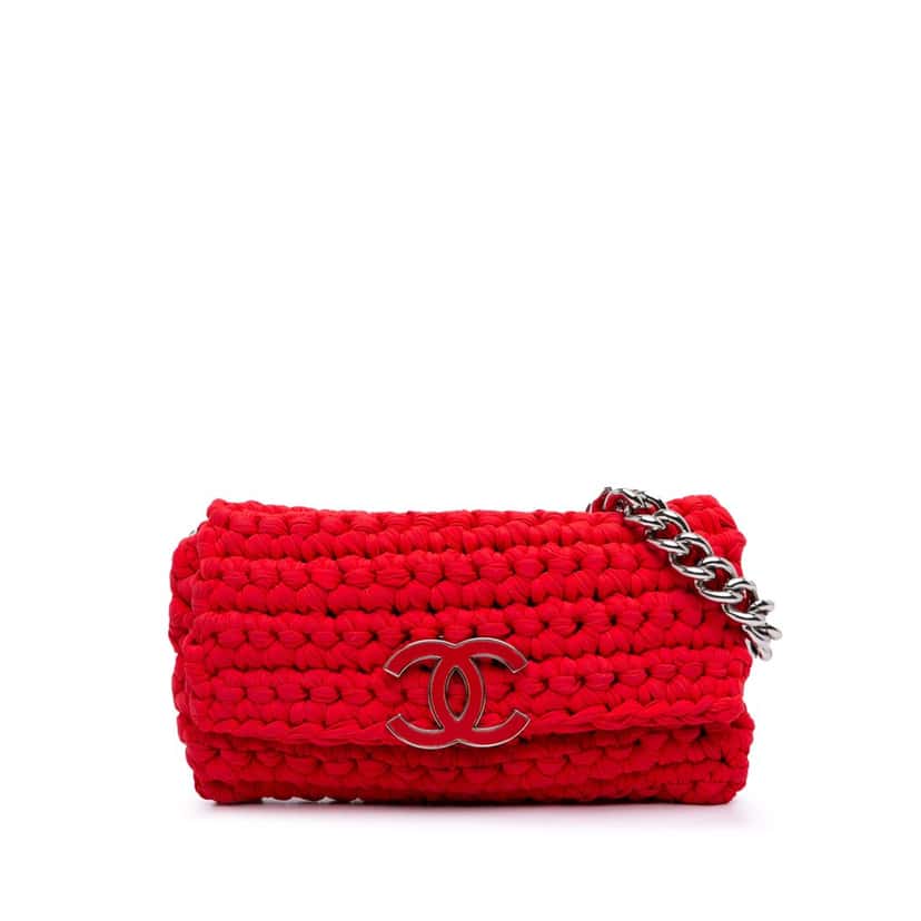 Chanel Neoprene Fancy Crochet Flap Red Wool Good condition - Front View