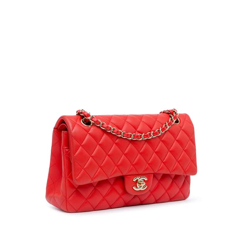 Chanel Medium Classic Lambskin Double Flap Red Leather Good condition - Back View